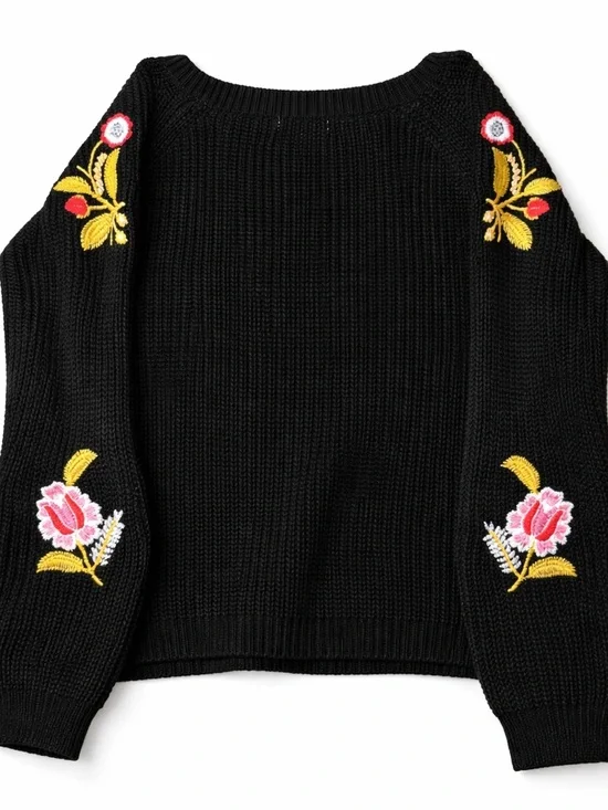 Woven Heart Embroidered Sleeve Sweater L Black Floral Cozy Cottage Top - Picture 2 of 8